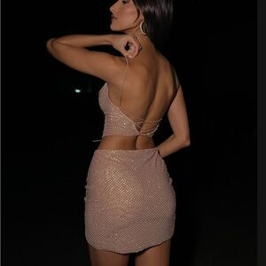 NWT Meshki Diamanté Beige Strappy Skirt Set